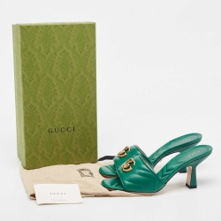 Pre Owned Gucci Green Quilted Leather Logo Embellished Double G Mules Sandals Size 38.5