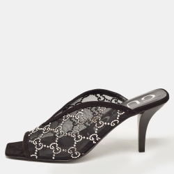 Pre Owned Gucci Black GG Crystal Embellished Mesh Mules Size 38.5