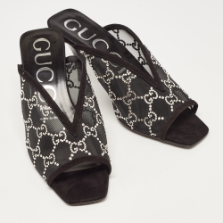 Pre Owned Gucci Black GG Crystal Embellished Mesh Mules Size 38.5