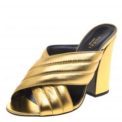 مملوكة مسبقًا Gucci Gold Metallic Leather Sylvia Crossover Mules Size 39.5