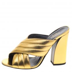 مملوكة مسبقًا Gucci Gold Metallic Leather Sylvia Crossover Mules Size 39.5