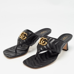 Gucci Black Leather Double G Thong Sandals Size 39