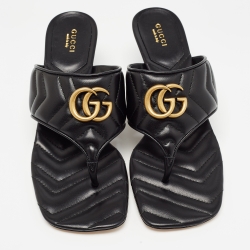 Gucci Black Leather Double G Thong Sandals Size 39