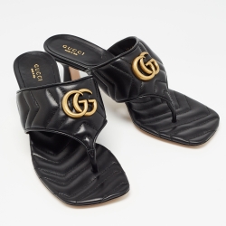Gucci Black Leather Double G Thong Sandals Size 39