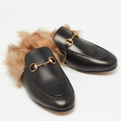 مملوكة مسبقًا Gucci Black Leather Fur Lined Princetown Flat Mules Size 37