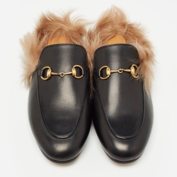 مملوكة مسبقًا Gucci Black Leather Fur Lined Princetown Flat Mules Size 37