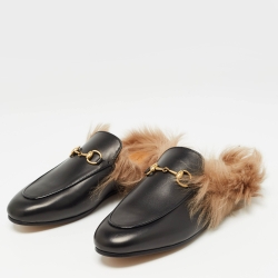 مملوكة مسبقًا Gucci Black Leather Fur Lined Princetown Flat Mules Size 37