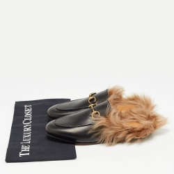مملوكة مسبقًا Gucci Black Leather Fur Lined Princetown Flat Mules Size 37