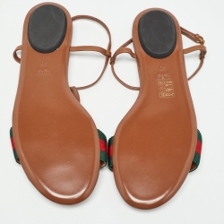 Pre Owned Gucci Brown Leather Web Detail Horsebit T-Strap Flat Sandals Size 40