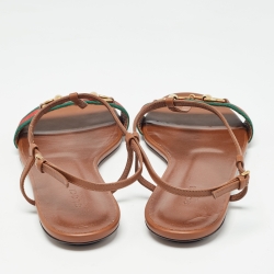 Pre Owned Gucci Brown Leather Web Detail Horsebit T-Strap Flat Sandals Size 40