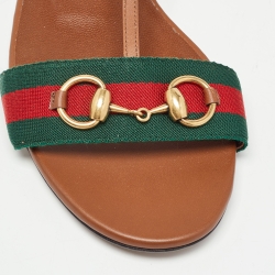 Pre Owned Gucci Brown Leather Web Detail Horsebit T-Strap Flat Sandals Size 40