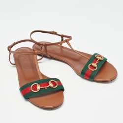 Pre Owned Gucci Brown Leather Web Detail Horsebit T-Strap Flat Sandals Size 40