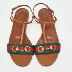 Pre Owned Gucci Brown Leather Web Detail Horsebit T-Strap Flat Sandals Size 40