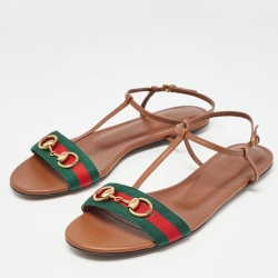 Pre Owned Gucci Brown Leather Web Detail Horsebit T-Strap Flat Sandals Size 40