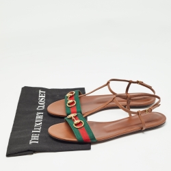 Pre Owned Gucci Brown Leather Web Detail Horsebit T-Strap Flat Sandals Size 40
