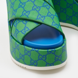 Pre Owned Gucci Green/Blue GG Supreme Canvas Platform Sandals Size 39.5