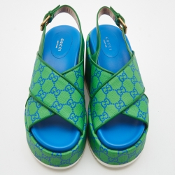 Pre Owned Gucci Green/Blue GG Supreme Canvas Platform Sandals Size 39.5