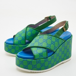 Pre Owned Gucci Green/Blue GG Supreme Canvas Platform Sandals Size 39.5
