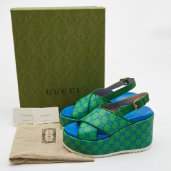 Pre Owned Gucci Green/Blue GG Supreme Canvas Platform Sandals Size 39.5