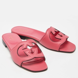 Pre Owned Gucci Pink Leather Interlocking G Cut Out Flat Slides Size 37.5