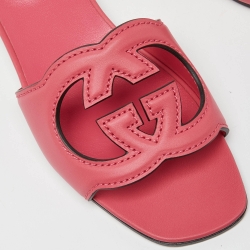 Pre Owned Gucci Pink Leather Interlocking G Cut Out Flat Slides Size 37.5