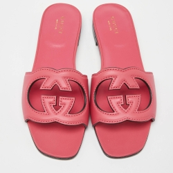 Pre Owned Gucci Pink Leather Interlocking G Cut Out Flat Slides Size 37.5