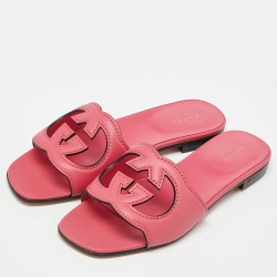 Pre Owned Gucci Pink Leather Interlocking G Cut Out Flat Slides Size 37.5