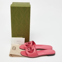 Pre Owned Gucci Pink Leather Interlocking G Cut Out Flat Slides Size 37.5