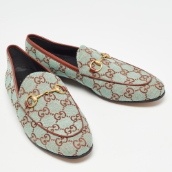 Pre Owned Gucci Green/Brown GG Canvas and Leather Jordaan Loafers Size 38