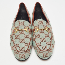 Pre Owned Gucci Green/Brown GG Canvas and Leather Jordaan Loafers Size 38