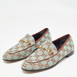 Pre Owned Gucci Green/Brown GG Canvas and Leather Jordaan Loafers Size 38