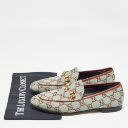 Pre Owned Gucci Green/Brown GG Canvas and Leather Jordaan Loafers Size 38