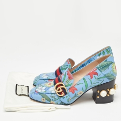 Pre Owned Gucci Blue Floral Print Leather GG Marmont Loafer Pumps Size 38.5
