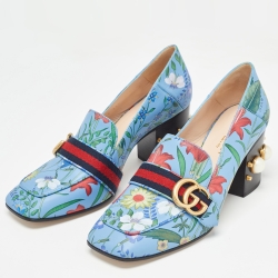Pre Owned Gucci Blue Floral Print Leather GG Marmont Loafer Pumps Size 38.5