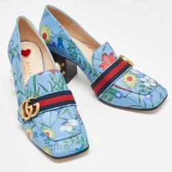Pre Owned Gucci Blue Floral Print Leather GG Marmont Loafer Pumps Size 38.5