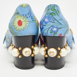 Pre Owned Gucci Blue Floral Print Leather GG Marmont Loafer Pumps Size 38.5