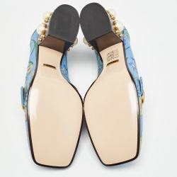 Pre Owned Gucci Blue Floral Print Leather GG Marmont Loafer Pumps Size 38.5