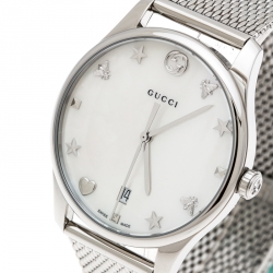 Gucci White Mother of Pearl Stainless Steel G-Timeless 126.4 Women's Wristwatch 36 mm