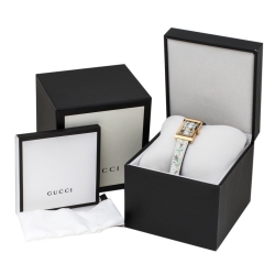 Pre Owned Gucci White Mother Of Pearl Floral Gold Tone Stainless Steel G-Frame 147.4 Women's Wristwatch 21 mm