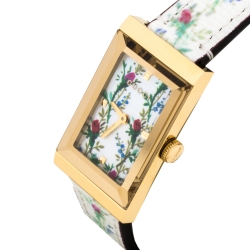 Pre Owned Gucci White Mother Of Pearl Floral Gold Tone Stainless Steel G-Frame 147.4 Women's Wristwatch 21 mm