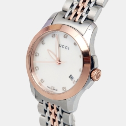 Pre Owned Gucci Mother of Pearl Two-Tone Stainless Steel Diamonds G-Timeless YA126514 Women's Wristwatch 27 mm