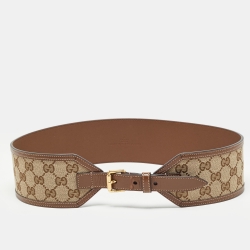 Pre Owned Gucci Brown GG Canvas and Leather Buckle Wide Waist Belt 85CM