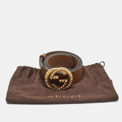 Pre Owned Gucci Brown Leather Spike Interlocking G Buckle Belt 90CM