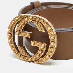 Pre Owned Gucci Brown Leather Spike Interlocking G Buckle Belt 90CM