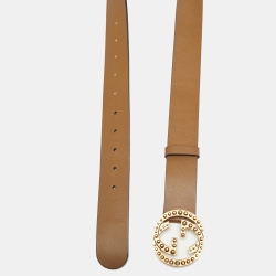 Pre Owned Gucci Brown Leather Spike Interlocking G Buckle Belt 90CM