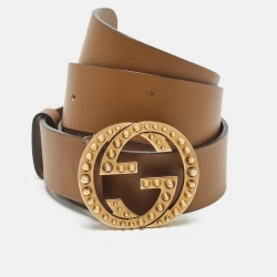 Pre Owned Gucci Brown Leather Spike Interlocking G Buckle Belt 90CM