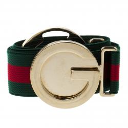 Gucci Brown/Green Web Tape And Leather Bee Plague Buckle Belt 80 CM Gucci