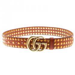 مملوكة مسبقًا Gucci Brown Leather Studded Double G Buckle Belt 85 CM