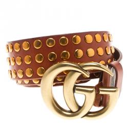 مملوكة مسبقًا Gucci Brown Leather Studded Double G Buckle Belt 85 CM