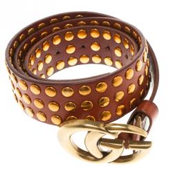 مملوكة مسبقًا Gucci Brown Leather Studded Double G Buckle Belt 85 CM